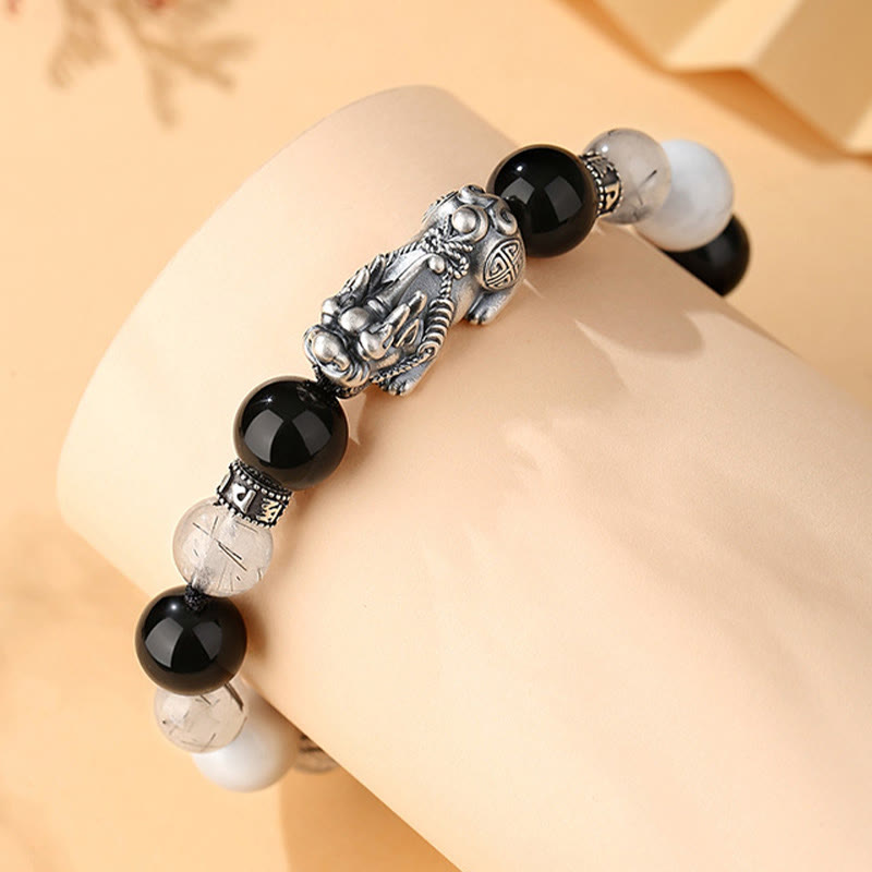 Unisex 999 Sterling Silver Black Obsidian Bracelet for Luck