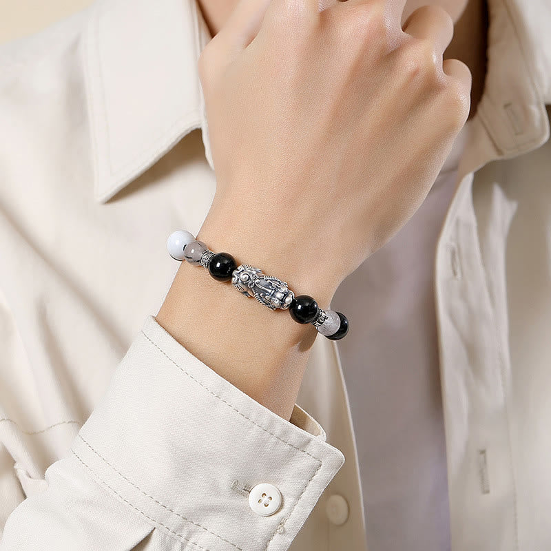 Unisex 999 Sterling Silver Black Obsidian Bracelet for Luck