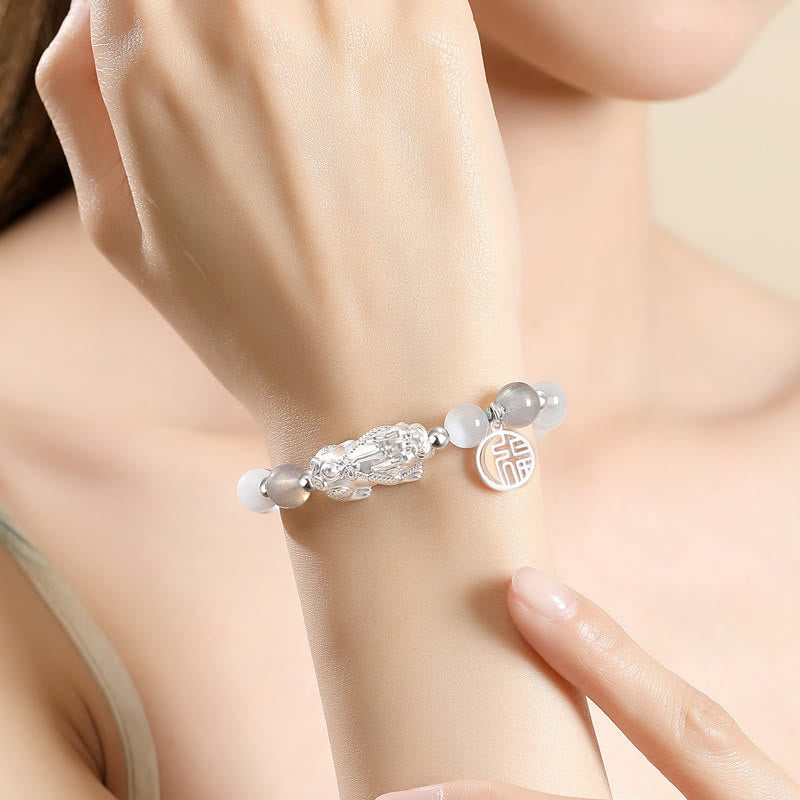 Unisex 999 Sterling Silver Black Obsidian Bracelet for Luck