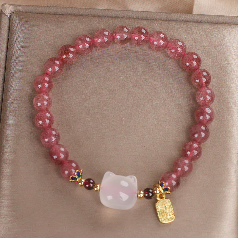 Strawberry Quartz White Jade Cat Fu Healing Bracelet