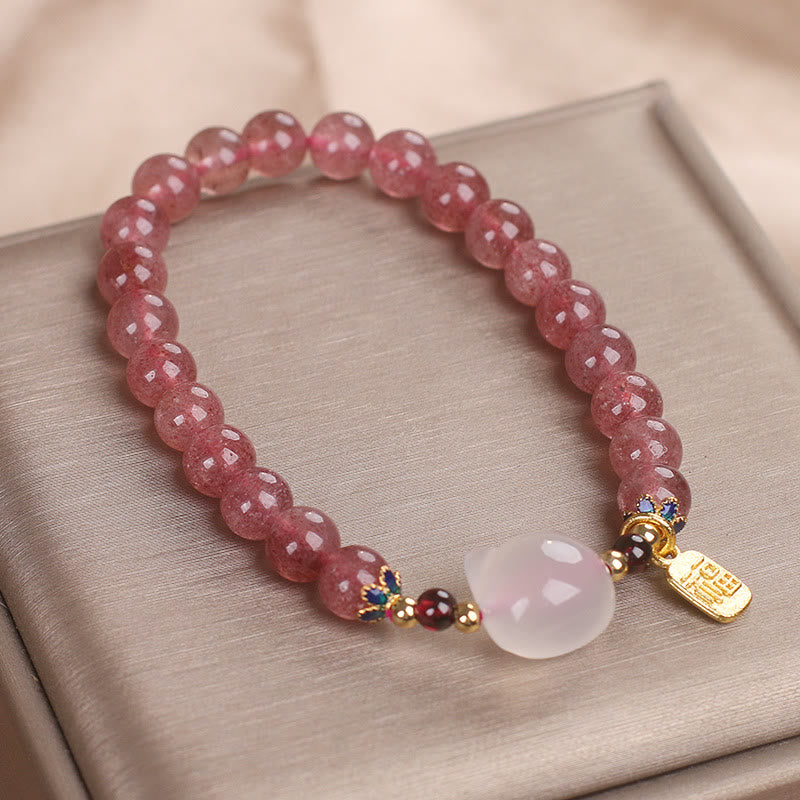 Strawberry Quartz White Jade Cat Fu Healing Bracelet