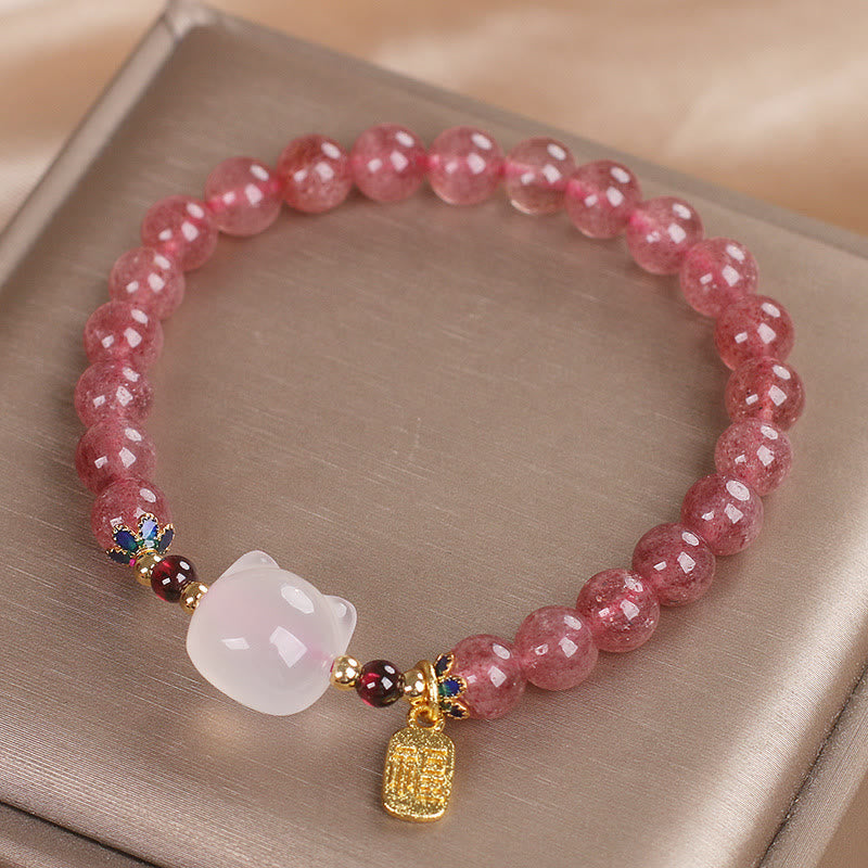 Strawberry Quartz White Jade Cat Fu Healing Bracelet