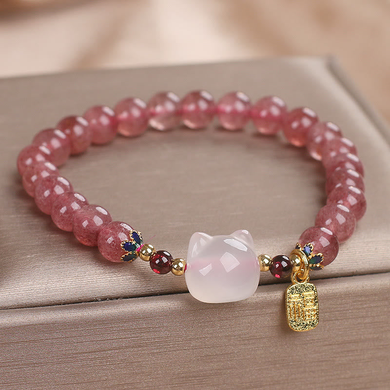 Strawberry Quartz White Jade Cat Fu Healing Bracelet