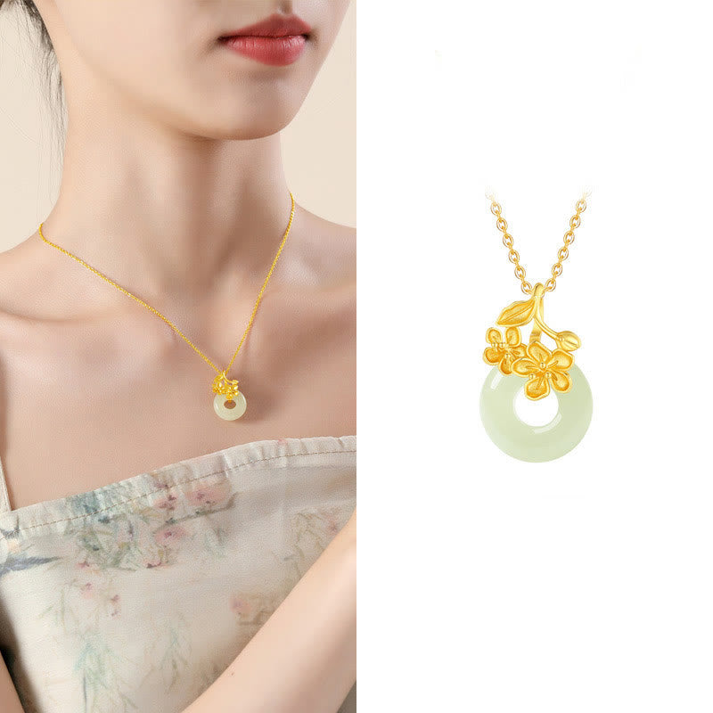 Hetian Jade Peach Blossom Necklace with Peace Buckle