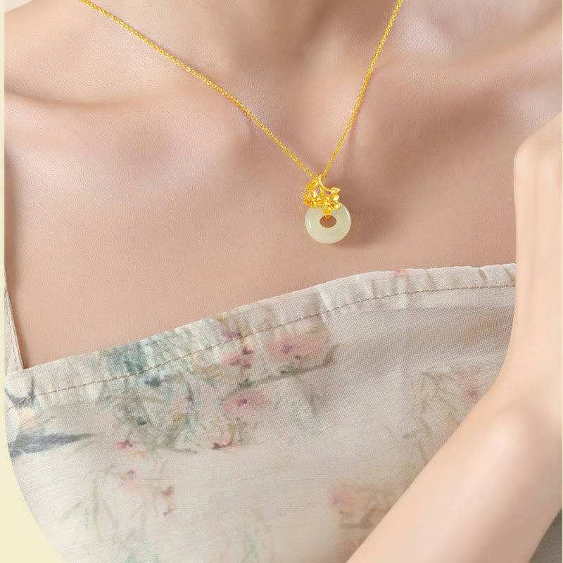 Hetian Jade Peach Blossom Necklace with Peace Buckle