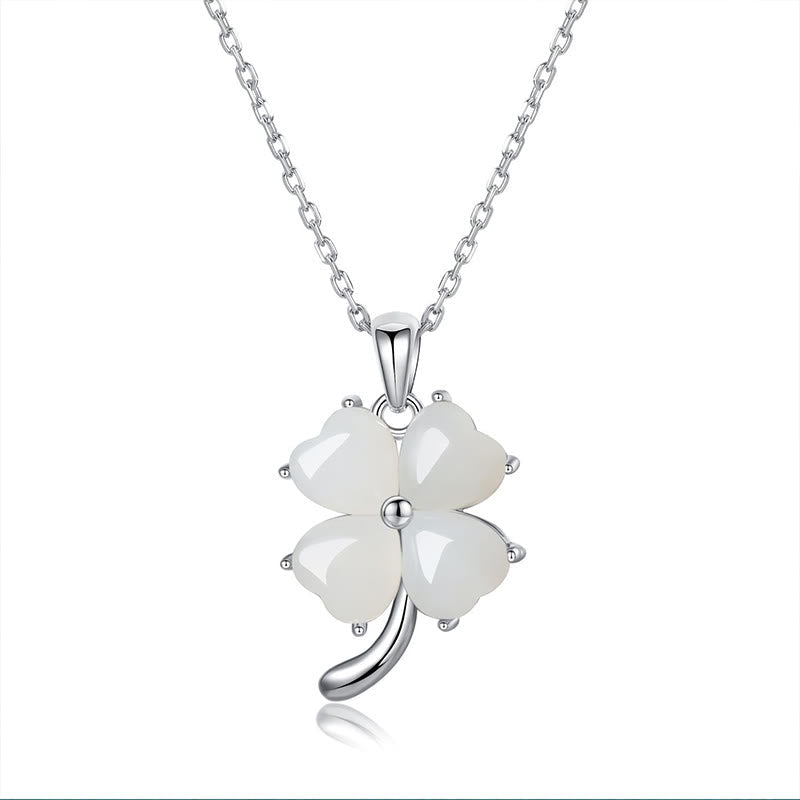 925 Silver Hetian Jade Four Leaf Clover Necklace for Luck