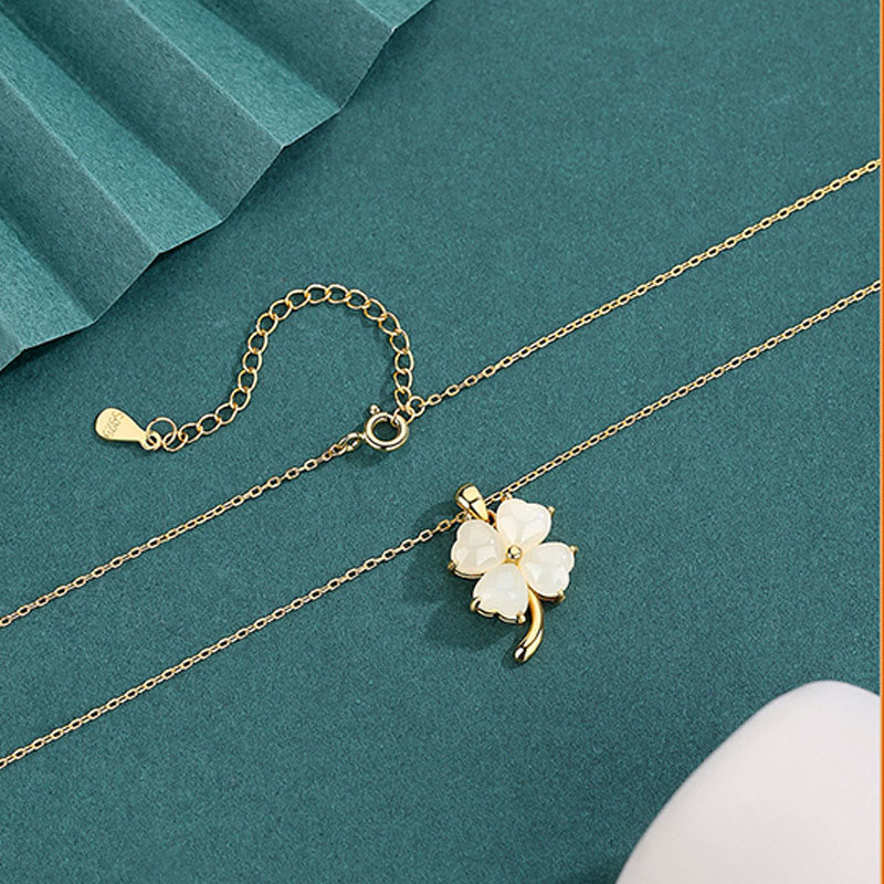 925 Silver Hetian Jade Four Leaf Clover Necklace for Luck