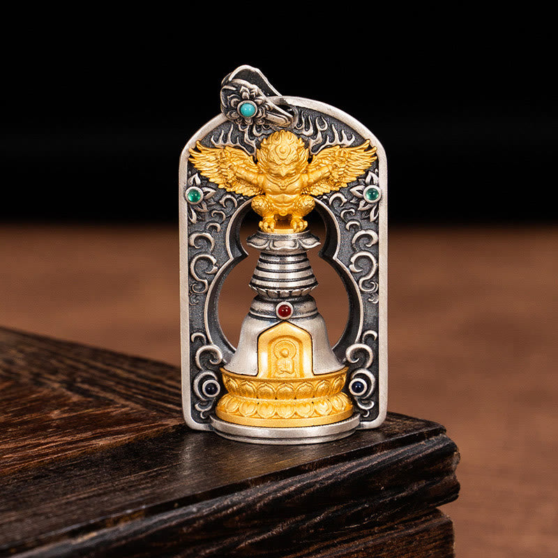 925 Sterling Silver Tibetan Garuda Bird Vajra Dorje Bell Pendant