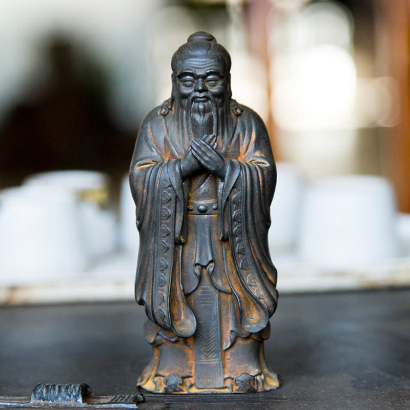 Handmade 14cm Confucius Spiritual Iron Powder Resin Statue