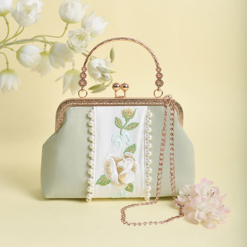 PaleGreen Floral Embroidery Crossbody Bag with Pearl Pendant
