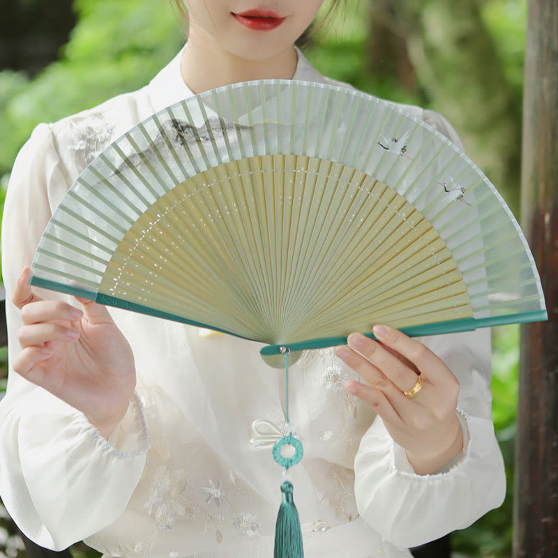 Chinese Folding Fan Silk Bamboo 22.5cm Retro Crane