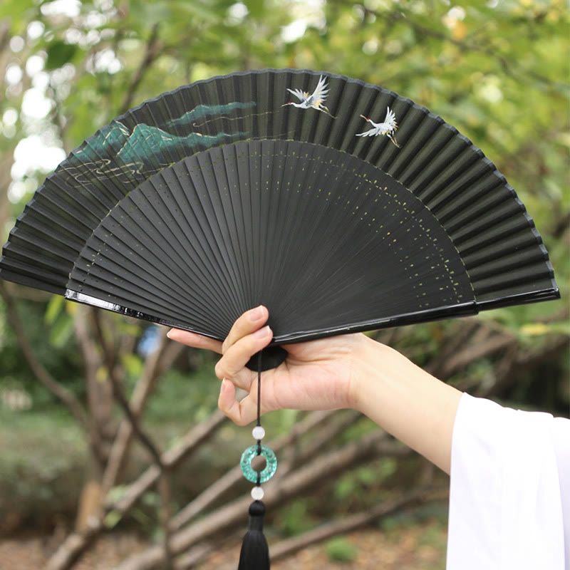 Chinese Folding Fan Silk Bamboo 22.5cm Retro Crane