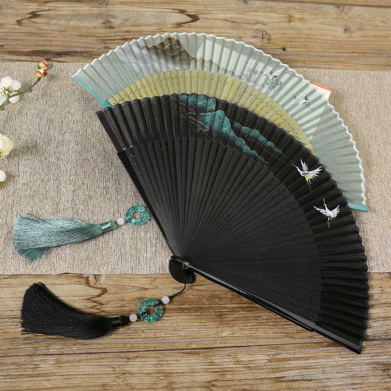 Chinese Folding Fan Silk Bamboo 22.5cm Retro Crane