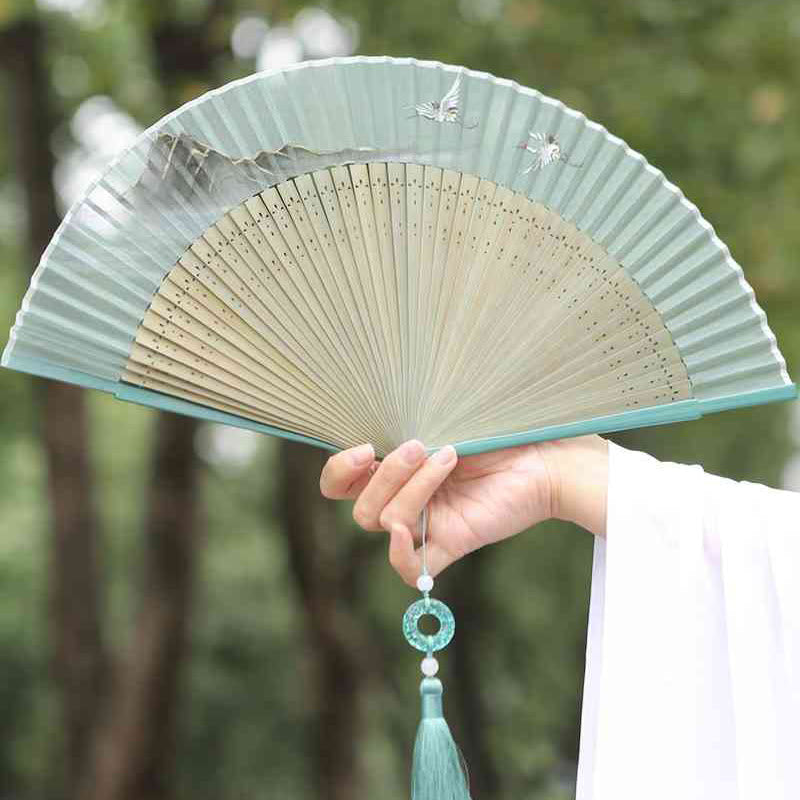 Chinese Folding Fan Silk Bamboo 22.5cm Retro Crane