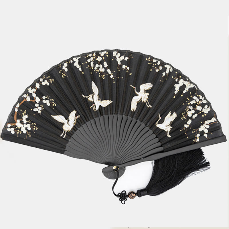 Traditional Black Plum Blossom Crane Silk Fan 18cm