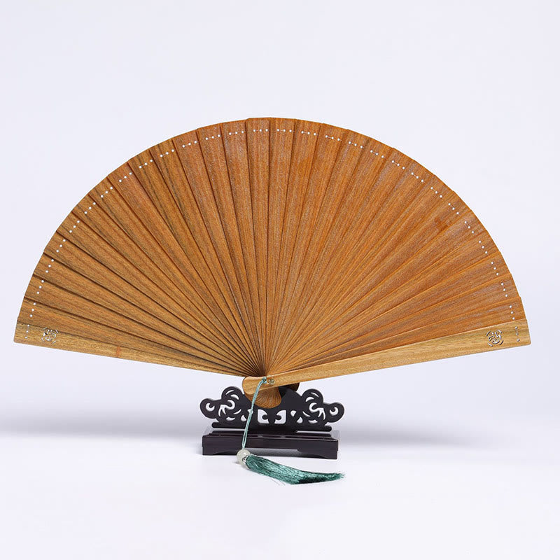 23cm Green Sandalwood Auspicious Clouds Folding Fan