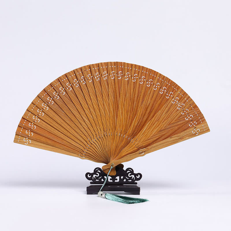 23cm Green Sandalwood Auspicious Clouds Folding Fan