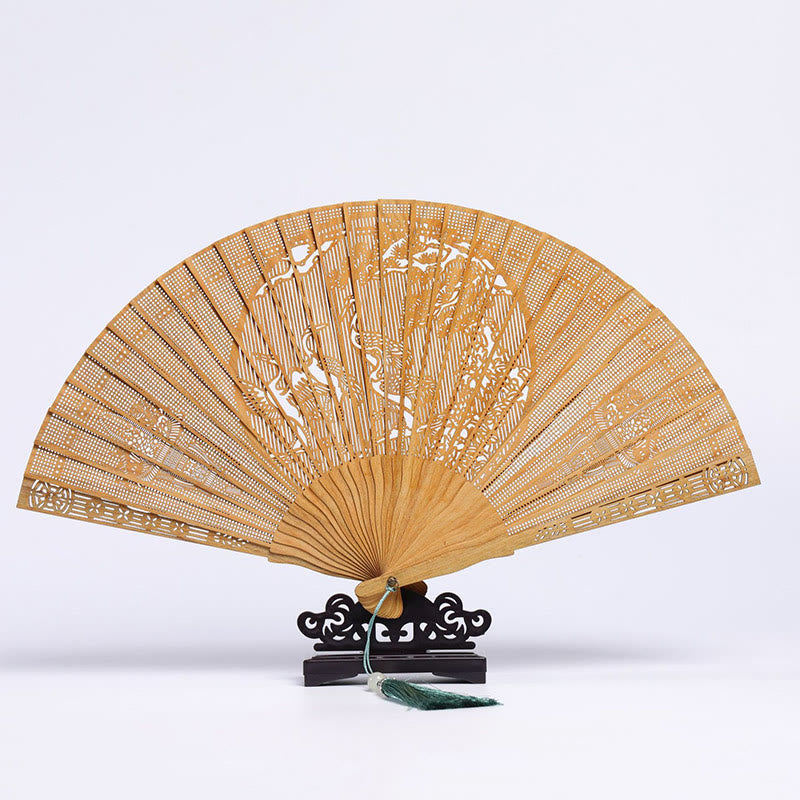 23cm Green Sandalwood Auspicious Clouds Folding Fan