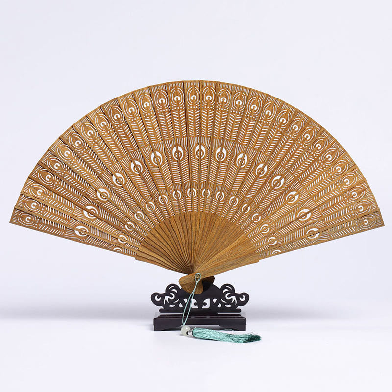 23cm Green Sandalwood Auspicious Clouds Folding Fan