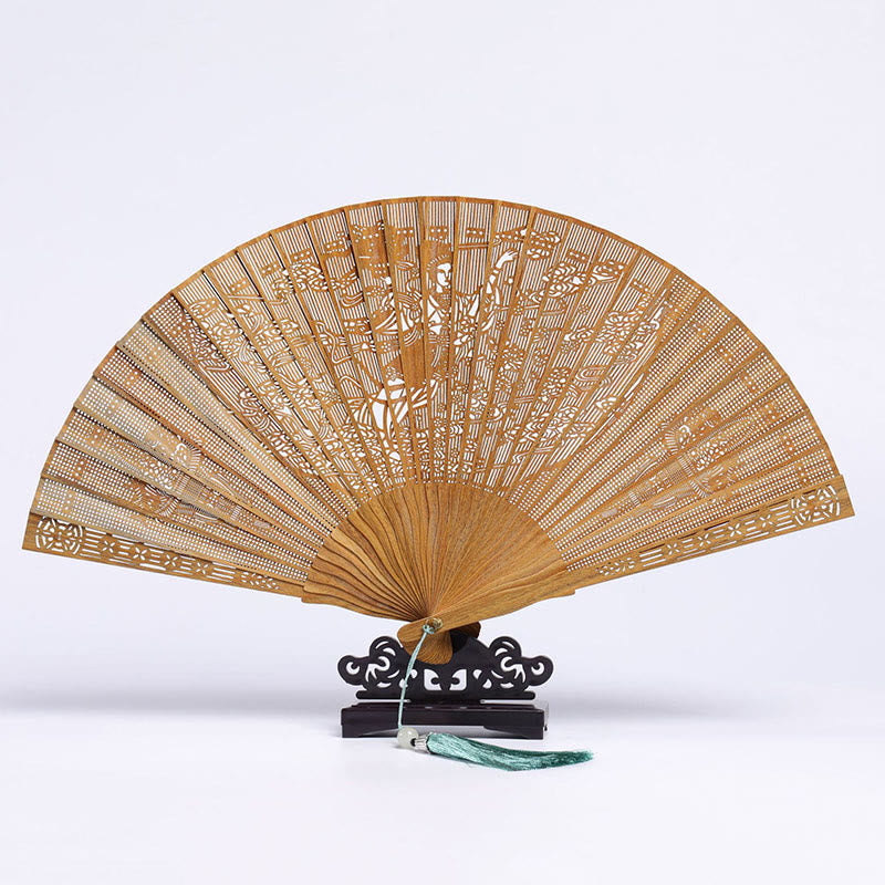 23cm Green Sandalwood Auspicious Clouds Folding Fan