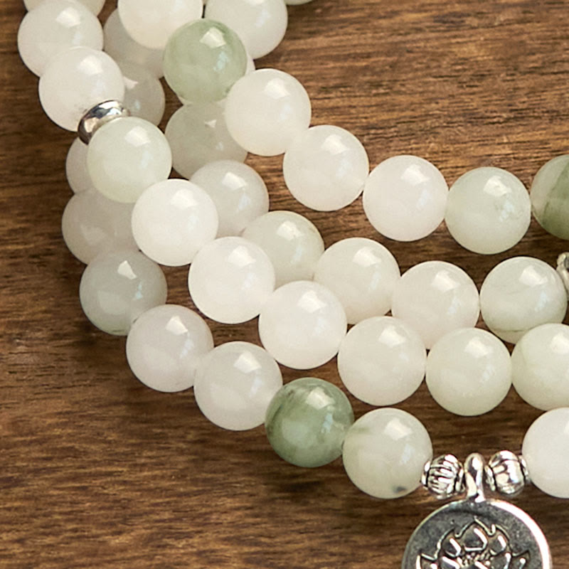 108 Beads Tianshan Jade Lotus Luck Bracelet 8mm