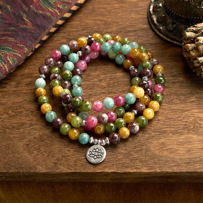 108 Beads Tourmaline Lotus Wisdom Mala Bracelet