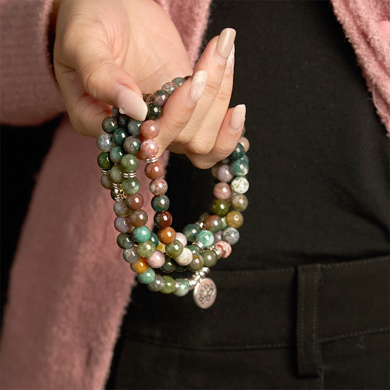 108 Beads Indian Agate Lotus Calm Bracelet for Meditation