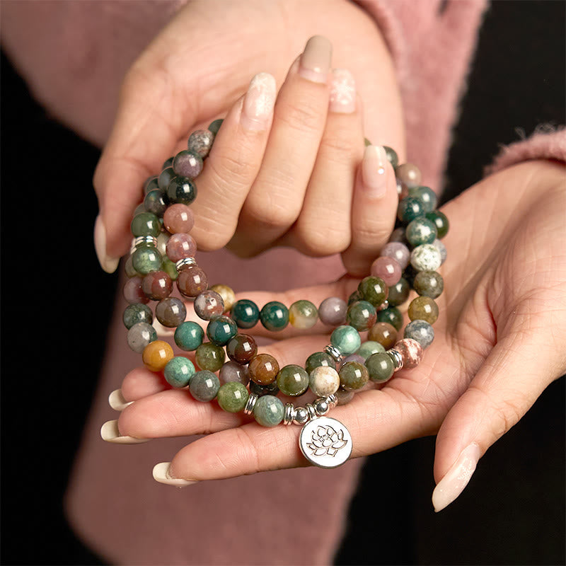 108 Beads Indian Agate Lotus Calm Bracelet for Meditation
