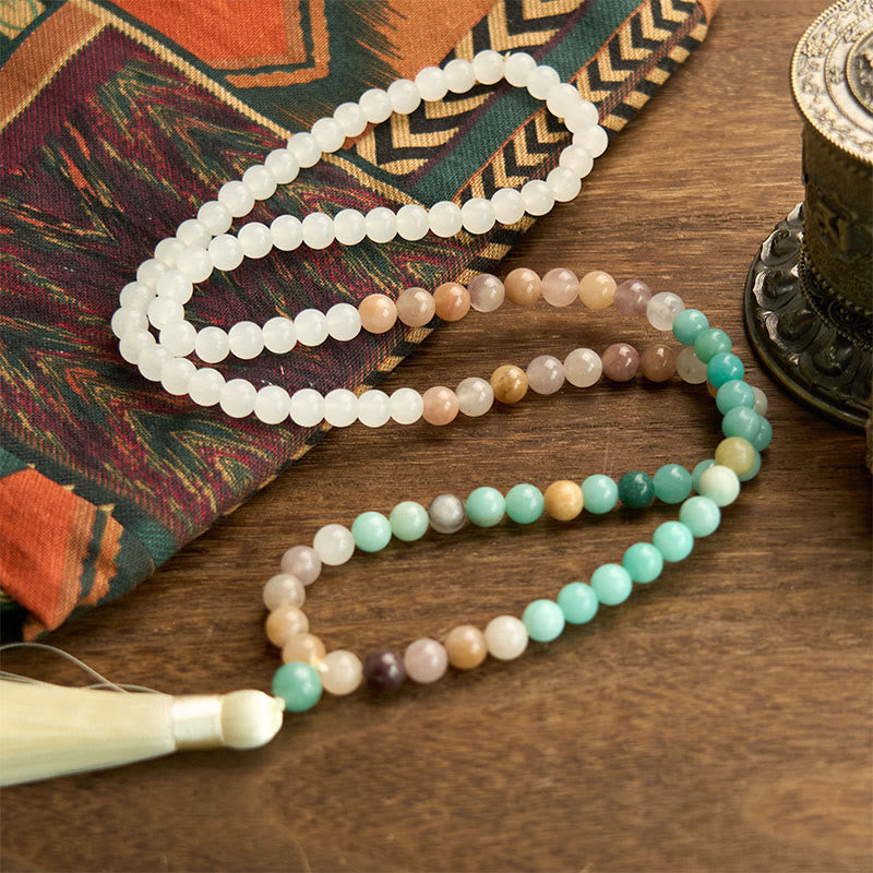 108 Bead White Jade Amazonite Healing Mala Bracelet