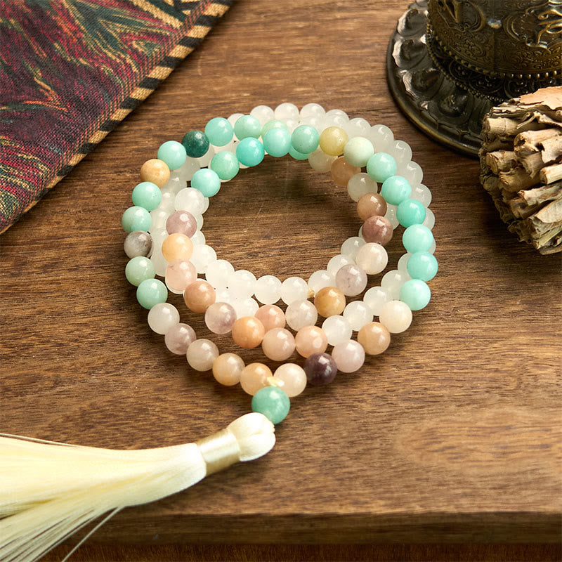 108 Bead White Jade Amazonite Healing Mala Bracelet