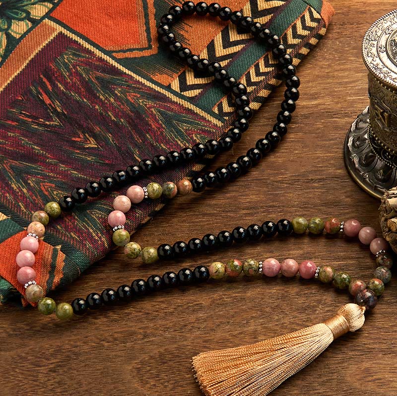108 Beads Black Jasper Rhodonite Healing Unisex Mala