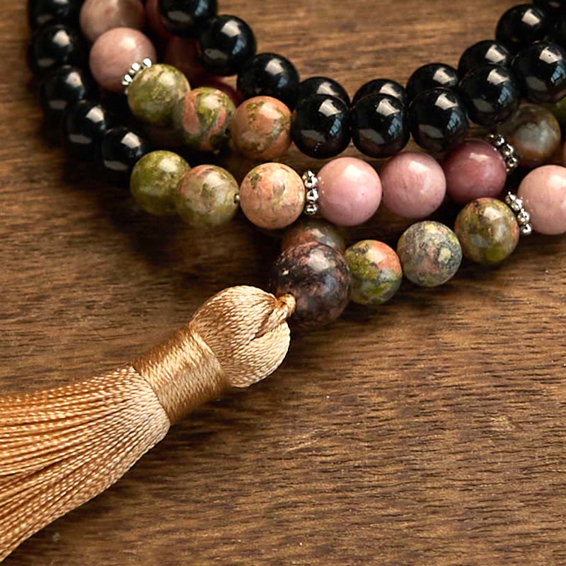 108 Beads Black Jasper Rhodonite Healing Unisex Mala