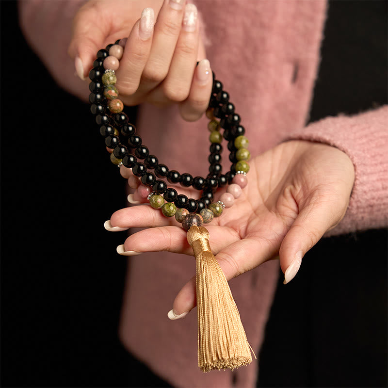 108 Beads Black Jasper Rhodonite Healing Unisex Mala