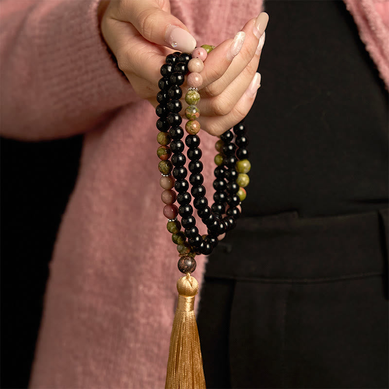 108 Beads Black Jasper Rhodonite Healing Unisex Mala