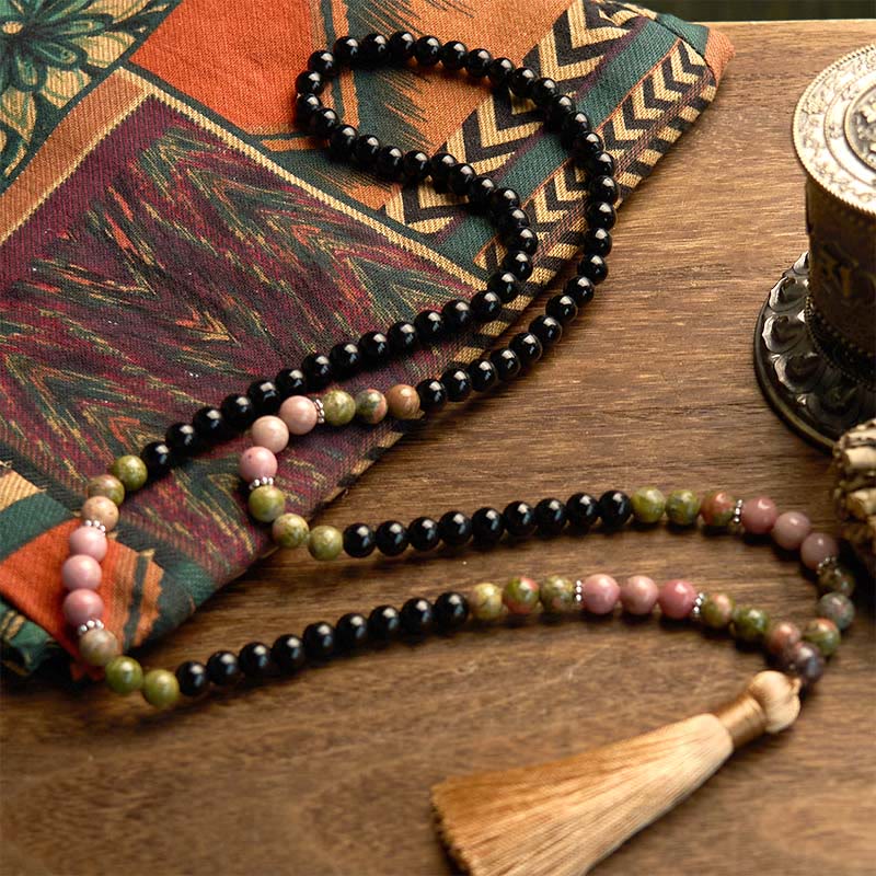 108 Beads Black Jasper Rhodonite Healing Unisex Mala