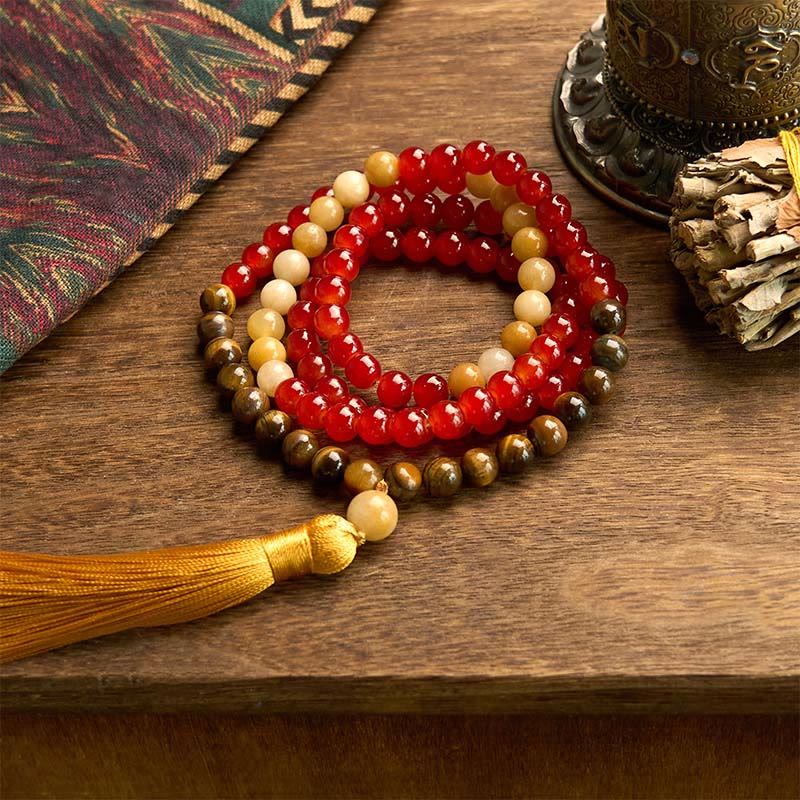 108 Bead Red Agate Tiger Eye Calm Mala Bracelet