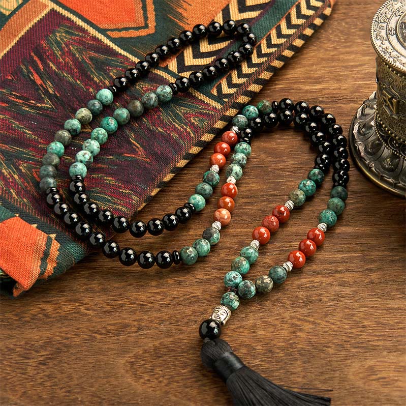 108 Bead Black Onyx Red Jasper Turquoise Gemstone Mala Bracelet