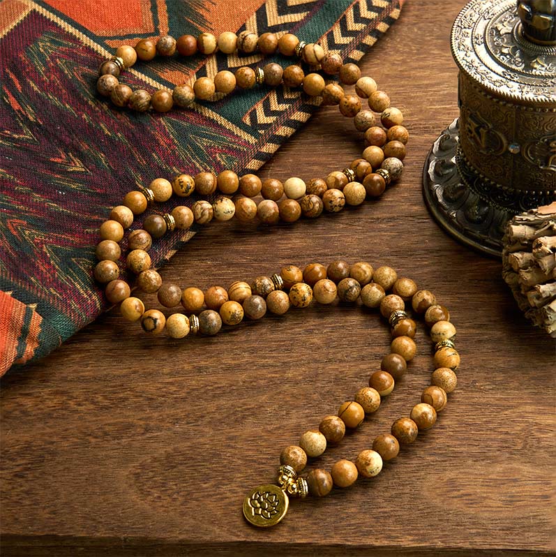 8mm Picture Jasper Courage Mala Bracelet Lotus Charm
