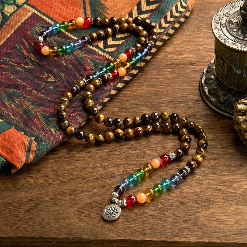 108 Beads Tiger Eye Colored Lotus Protection Bracelet