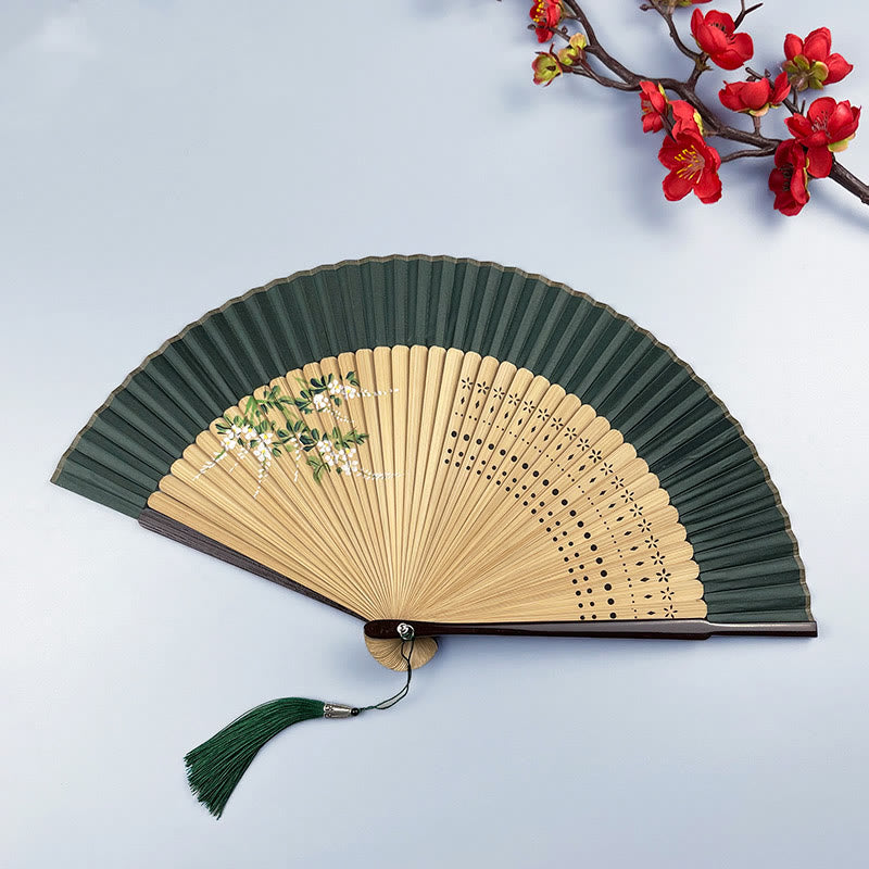Cotton Linen Folding Fan with Bamboo and Rabbit Design
