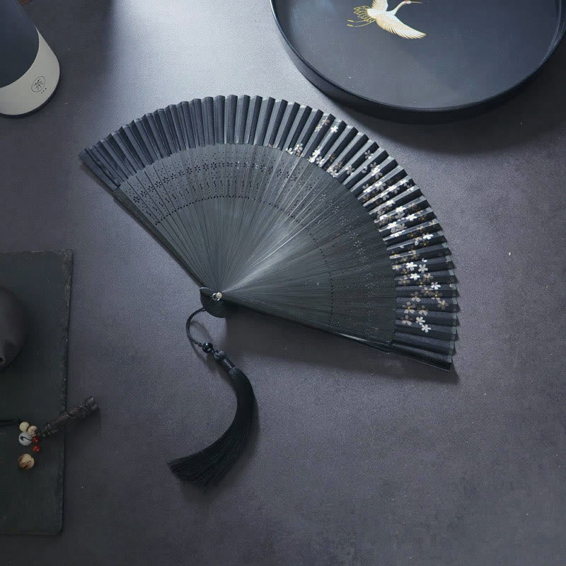 Cotton Linen Folding Fan with Bamboo and Rabbit Design