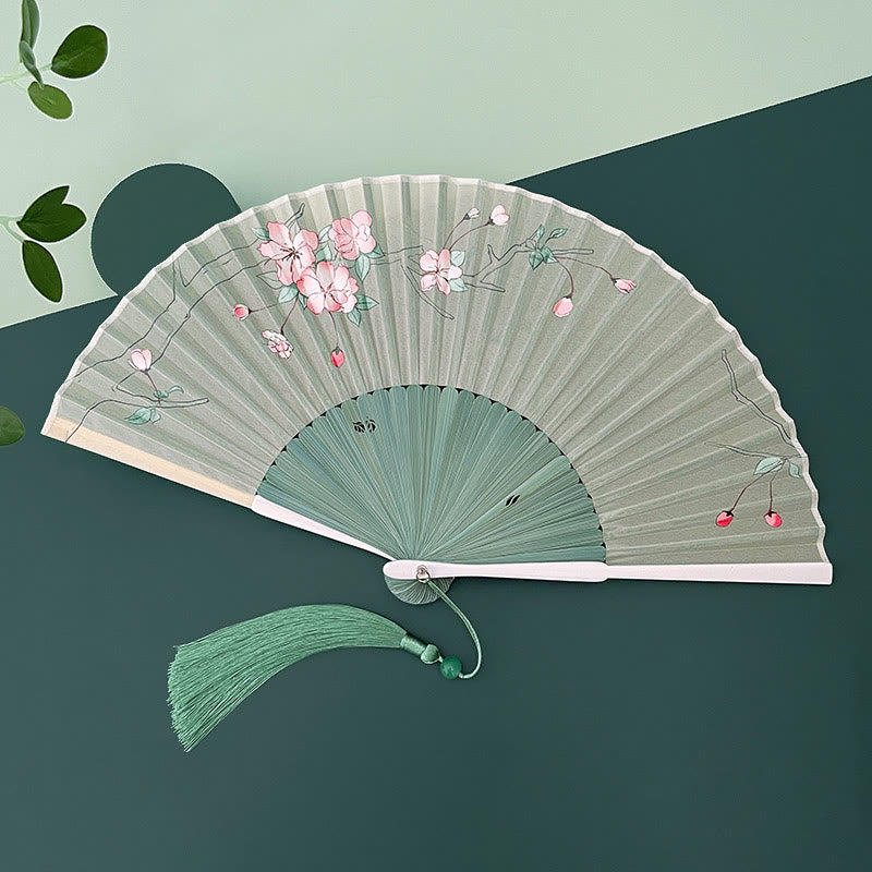 Chinese Folding Fan Orchid Begonia Bamboo Handheld Fan 21-22cm