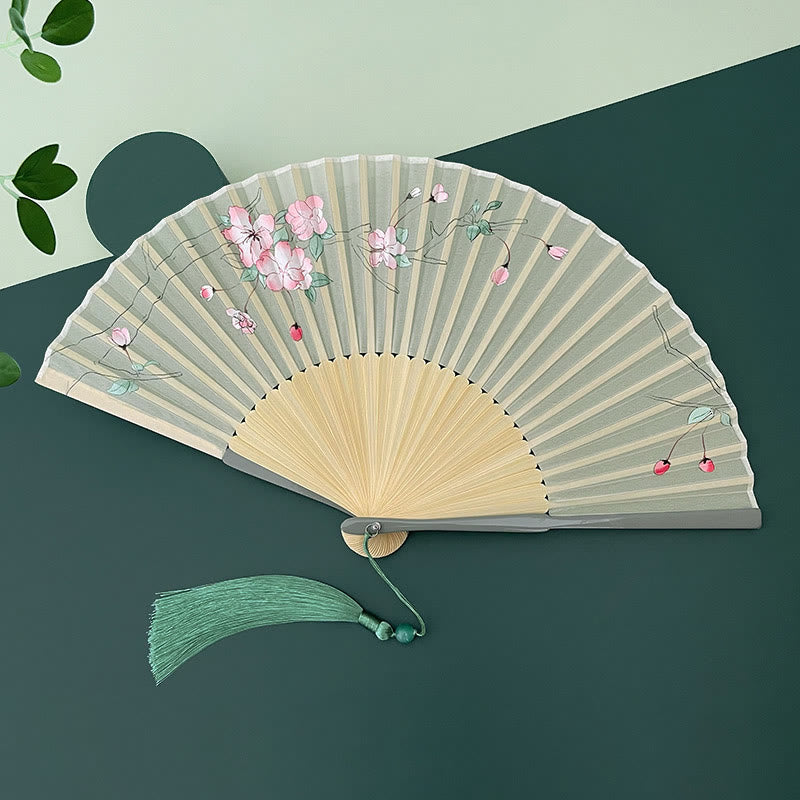 Chinese Folding Fan Orchid Begonia Bamboo Handheld Fan 21-22cm