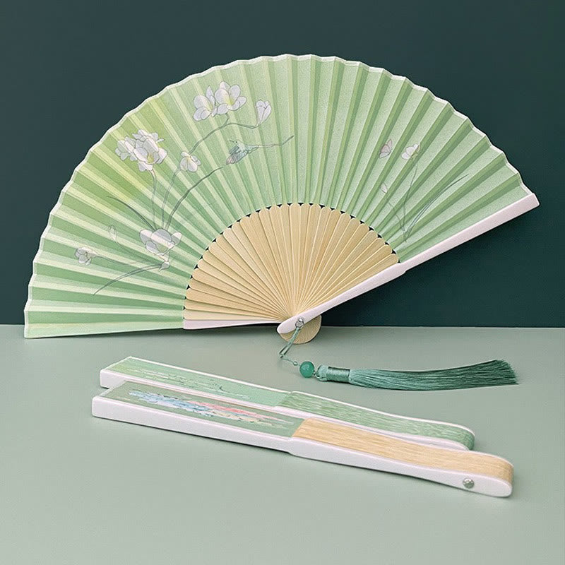 Chinese Folding Fan Orchid Begonia Bamboo Handheld Fan 21-22cm