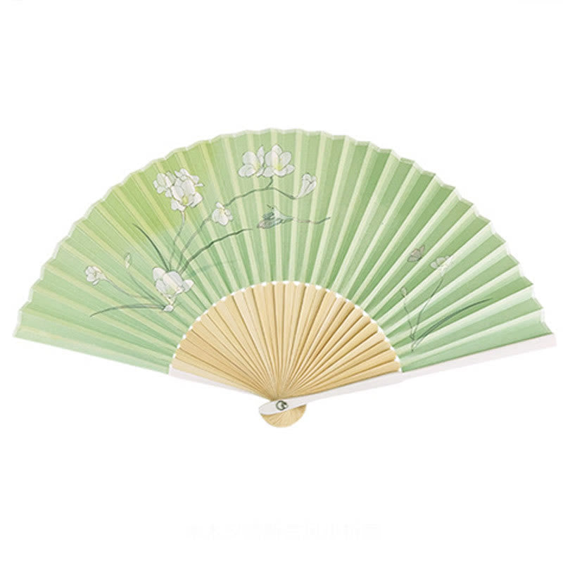 Chinese Folding Fan Orchid Begonia Bamboo Handheld Fan 21-22cm
