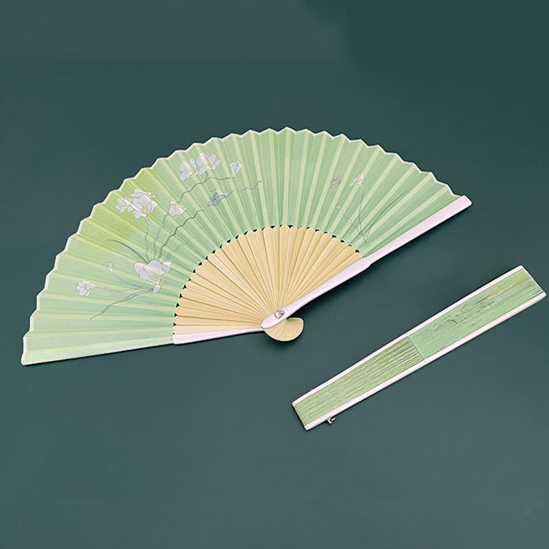 Chinese Folding Fan Orchid Begonia Bamboo Handheld Fan 21-22cm