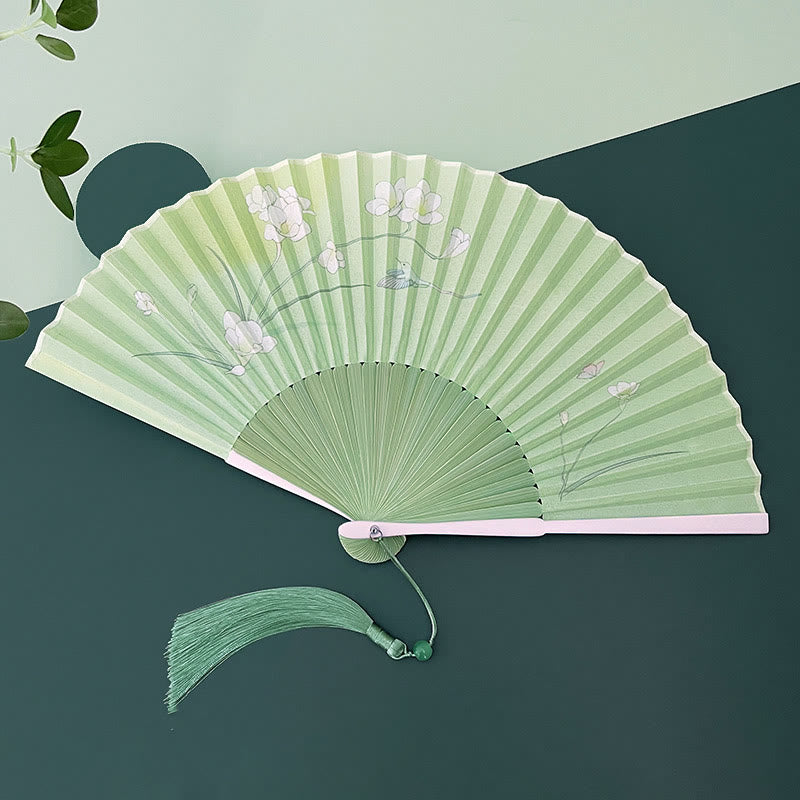 Chinese Folding Fan Orchid Begonia Bamboo Handheld Fan 21-22cm