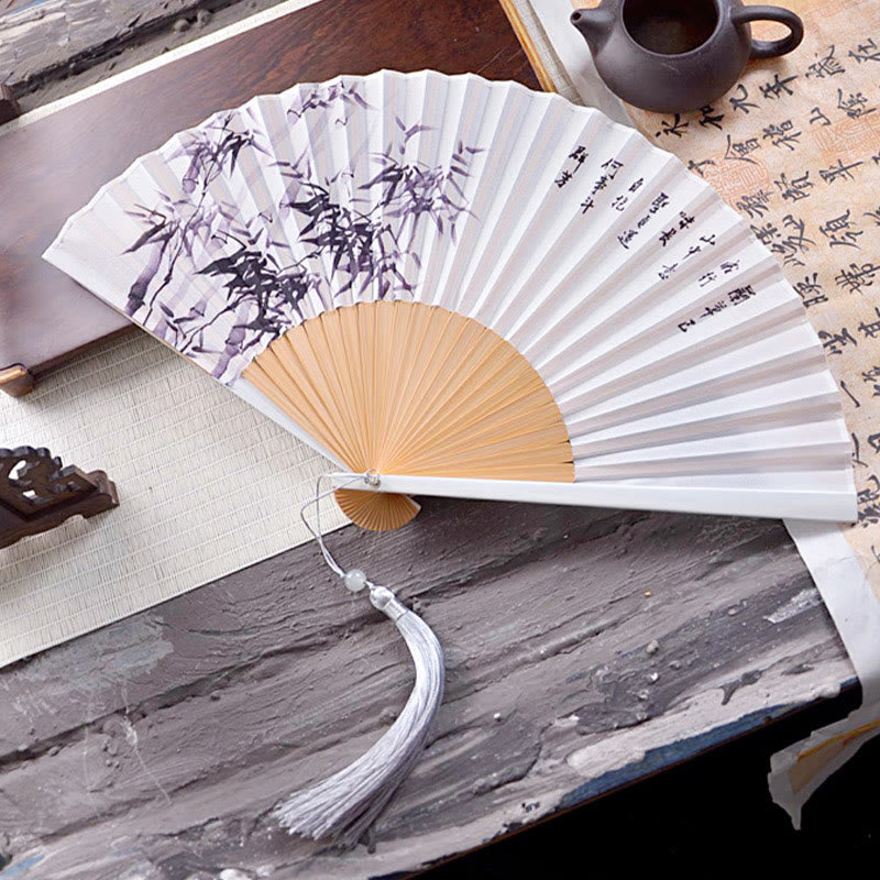 23.3cm Chinese Folding Fan Lotus Ink Painting with Bamboo Frame