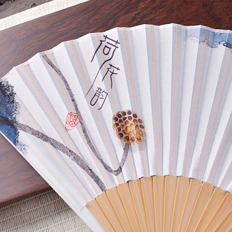 23.3cm Chinese Folding Fan Lotus Ink Painting with Bamboo Frame