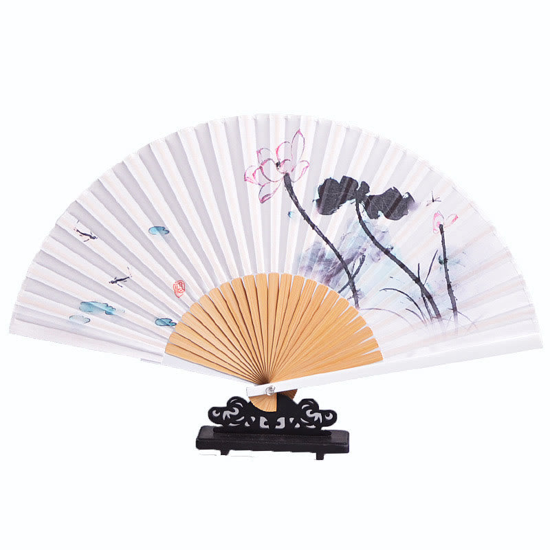 23.3cm Chinese Folding Fan Lotus Ink Painting with Bamboo Frame